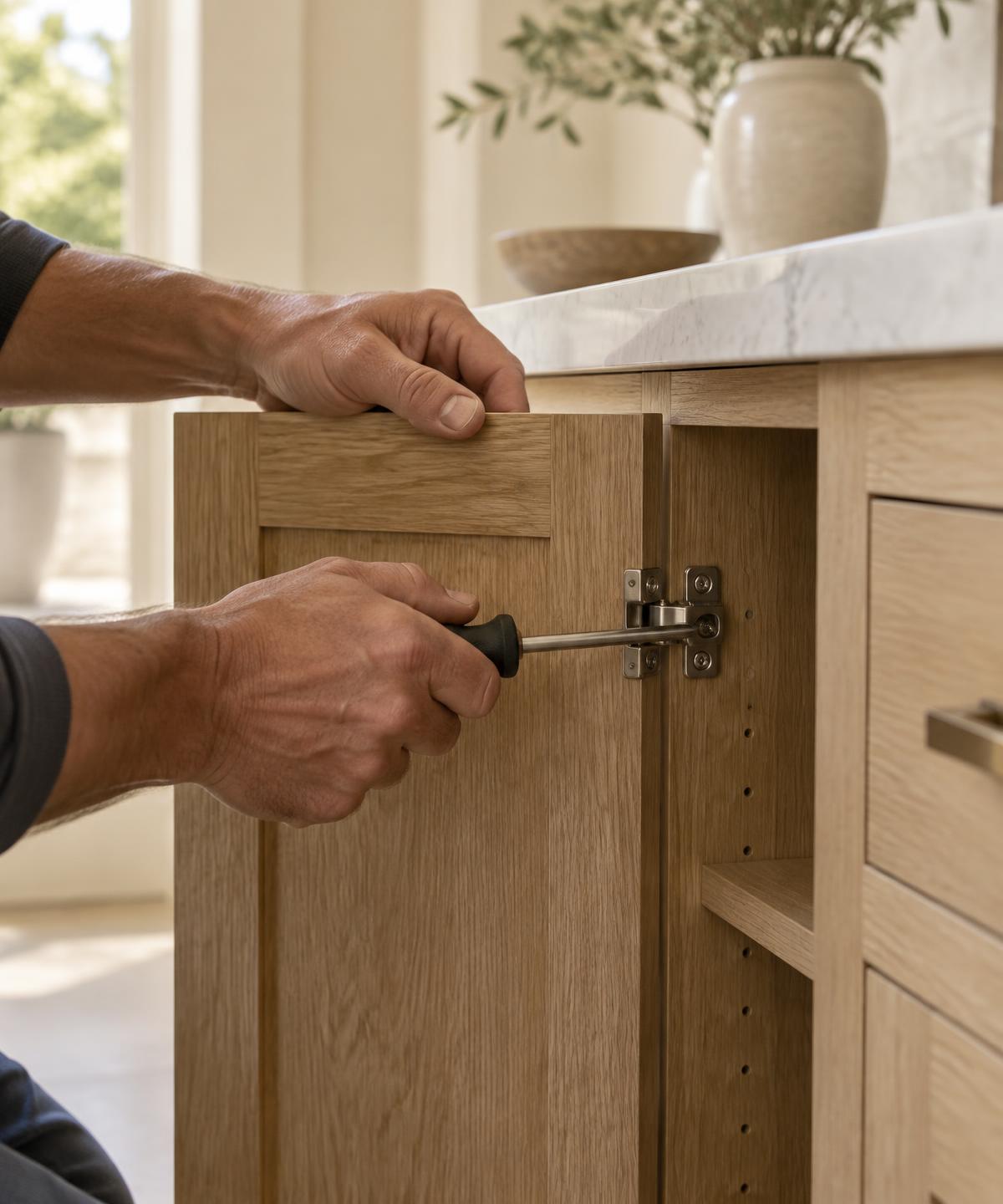 A remodeler installing a white oak cabinet door