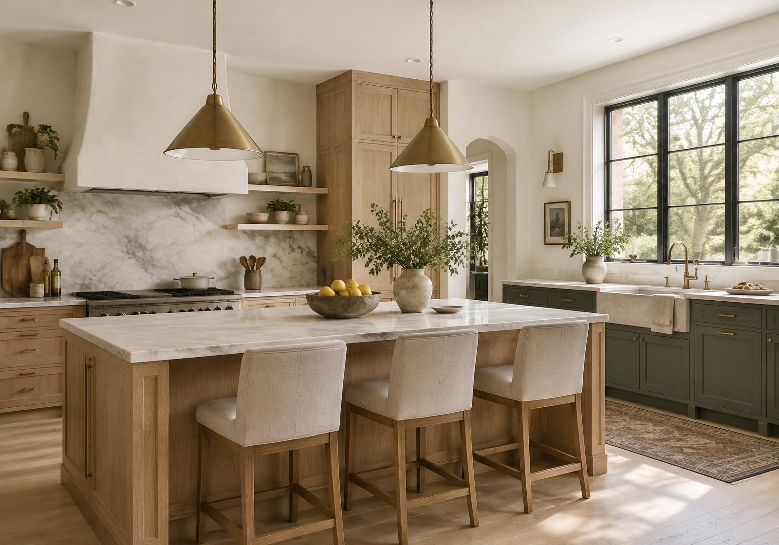 A finished kitchen with white oak cabinets, a marble island, and brass pendant lights